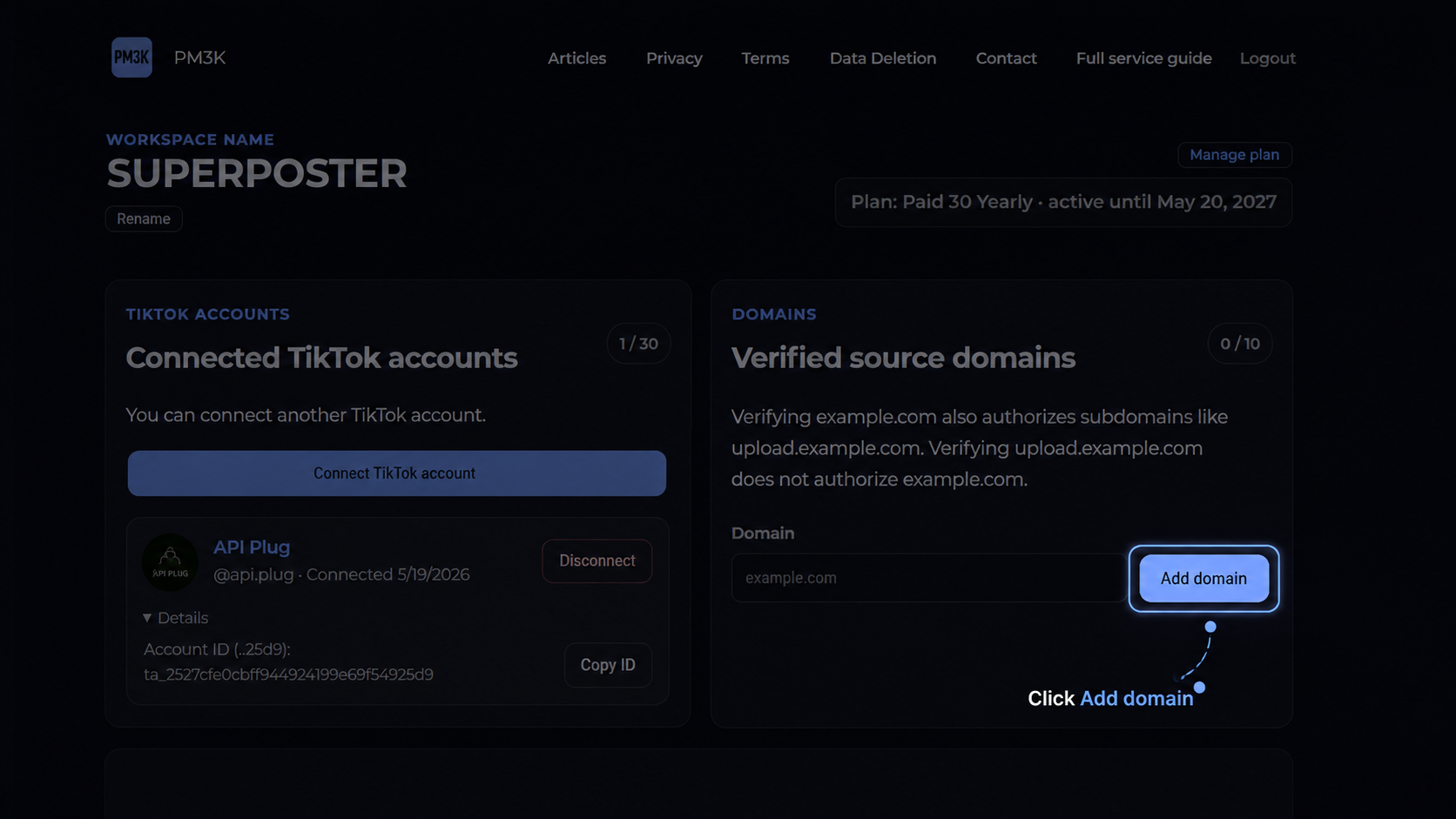 Add domain button in Verified source domains