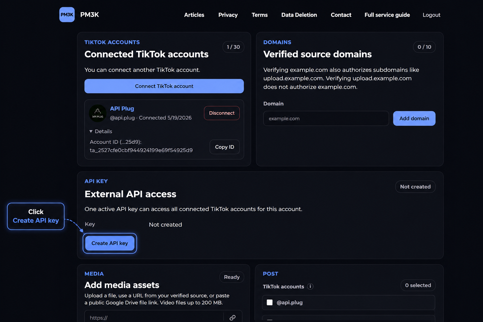 Create API key button in External API access