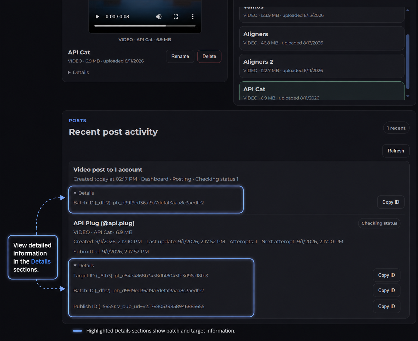 Batch and target details in Recent post activity