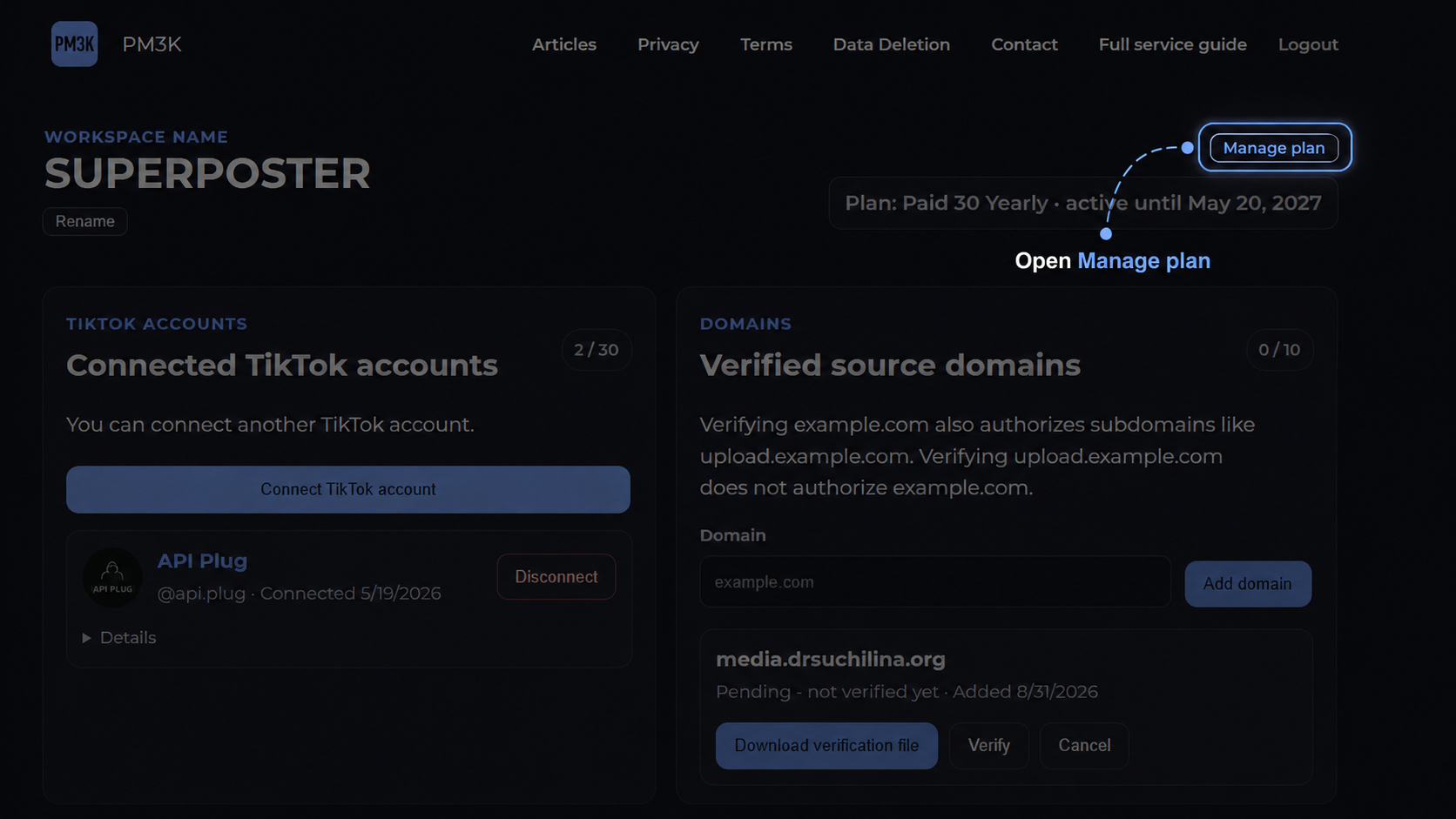 Manage plan button in the PM3K Dashboard
